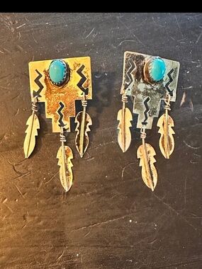 Turquoise Feather Drop Statement Earrings - Women Jewelry
